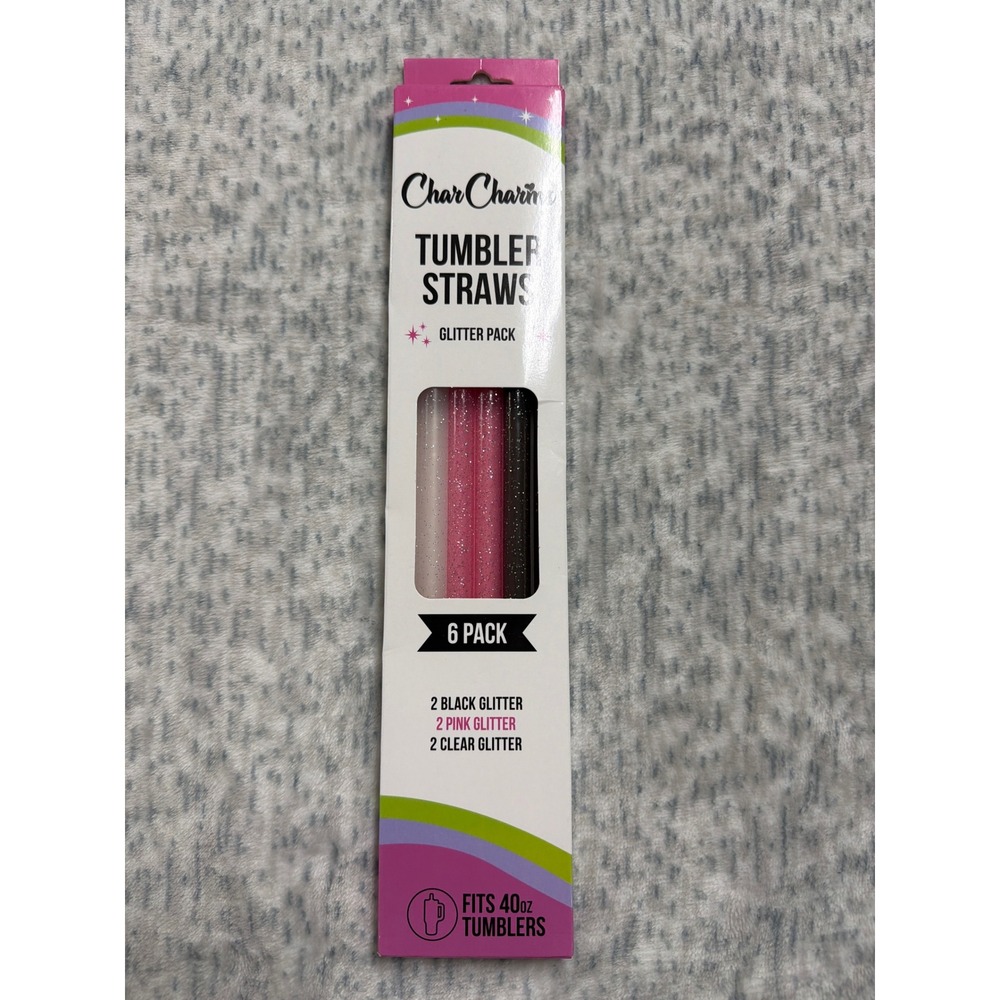 CharCharms Glitter Tumbler Straws 6 Pack for 40oz Tumblers Black Pink‎ Clear NEW